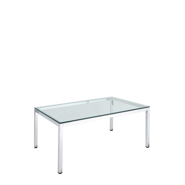 Wartezimmertisch ENTREE – verchromtes Gestell und ESG-Glasplatte